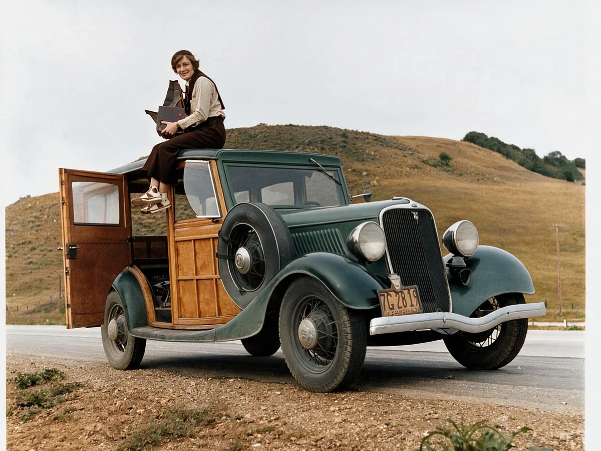 Black and white photo of a woman on a 1930s car, after enhancement