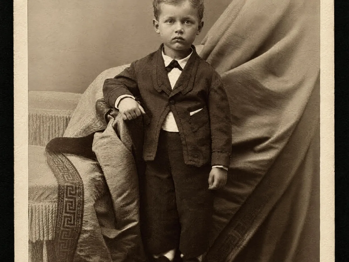 Faded cabinet card of a young boy, after enhancement