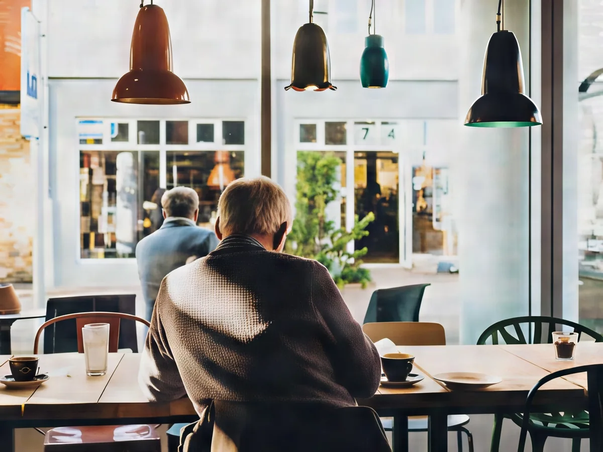 Grainy photo of a man in a cafe, after enhancement